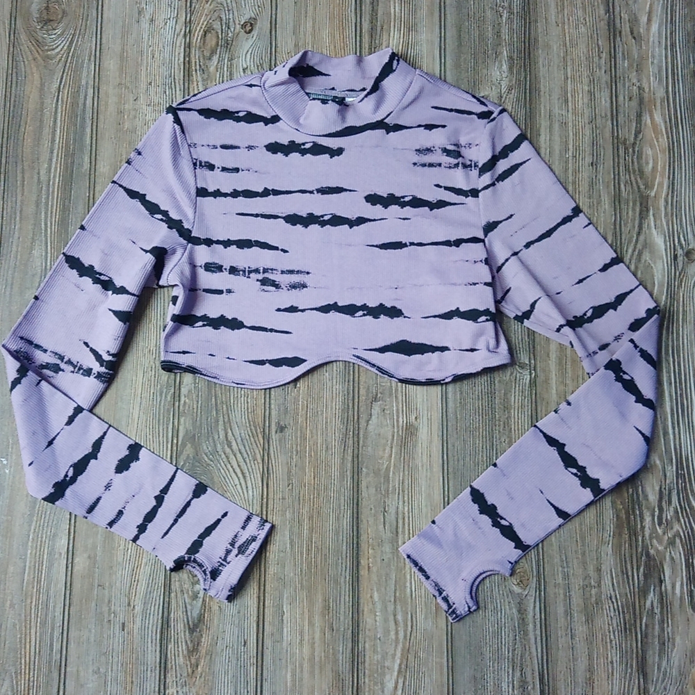 Divided Striped Tie Dye Style Long Sleeve Mock Neck Crop Top